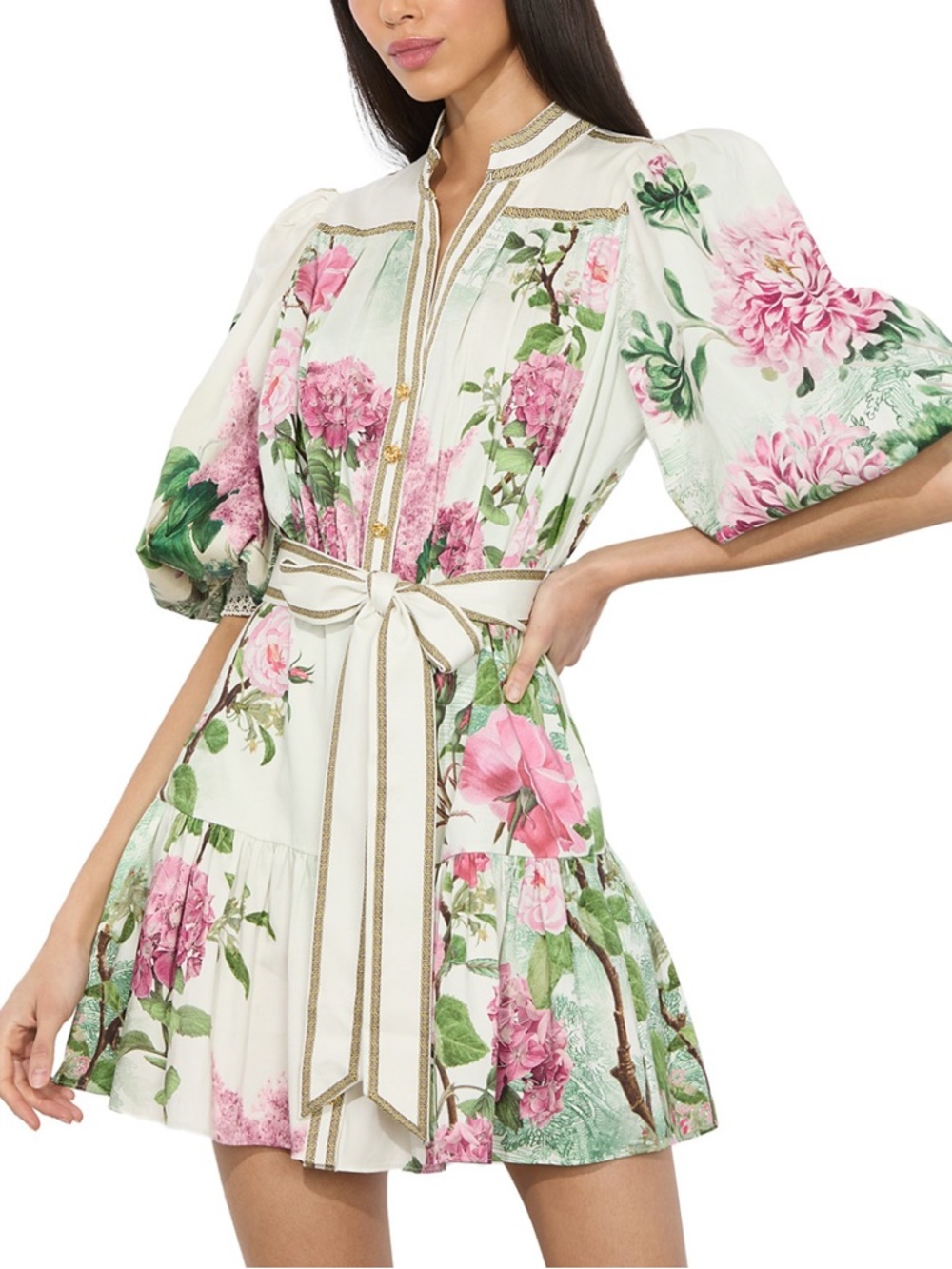 Alice + Olivia Cora Floral Voluminous Tiered Mini Shirtdress Sz L NWT